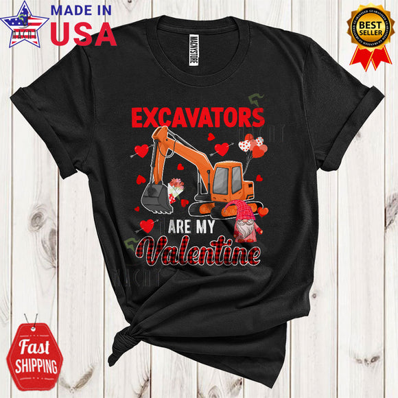 MacnyStore - Excavators Are My Valentine Cute Happy Valentine's Day Red Plaid Hearts Gnome Excavator Lover T-Shirt