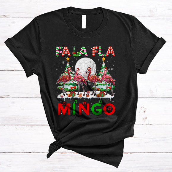 MacnyStore - Fa La Fla Mingo, Wonderful Christmas Four Santa Flamingos Lover, X-mas Lights Tree Snow T-Shirt