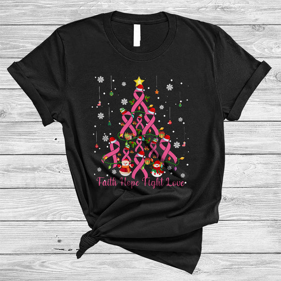 MacnyStore - Faith Hope Fight Love, Lovely Christmas Breast Cancer Awareness, Pink Ribbon X-mas Tree T-Shirt