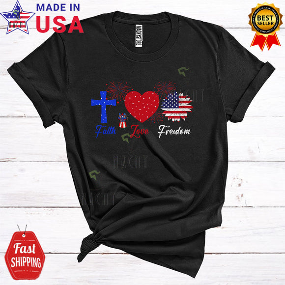 MacnyStore - Faith Love Freedom Cute Proud 4th Of July Christian Cross Heart Shape Sunflower Patriotic T-Shirt