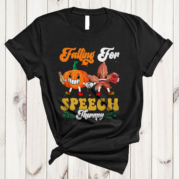 MacnyStore - Falling For Speech Therapy, Funny Thanksgiving SLP Fall Leaf Pumpkin, Matching Family Group T-Shirt