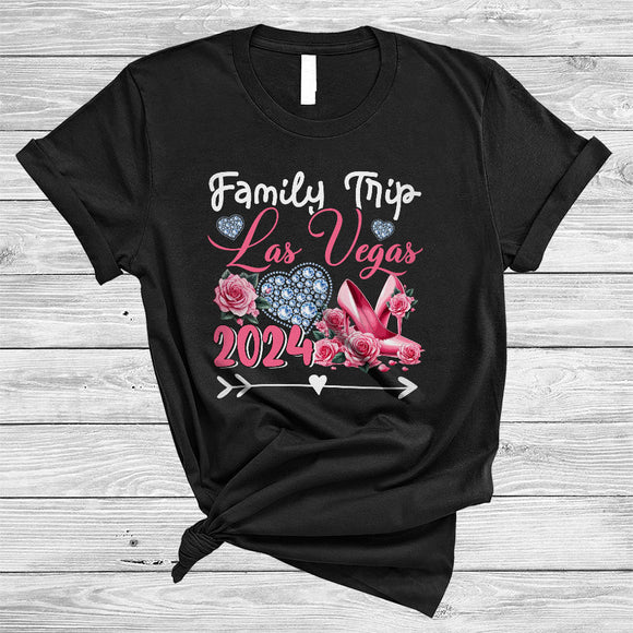 MacnyStore - Family Trip Las Vegas 2024, Awesome Vacation Women Squad High Heels Flowers, Family Group T-Shirt