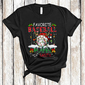 MacnyStore - Favorite Baseball Player Of Santa, Colorful Chrismas Lights Sport, Plaid X-mas Matching Group T-Shirt