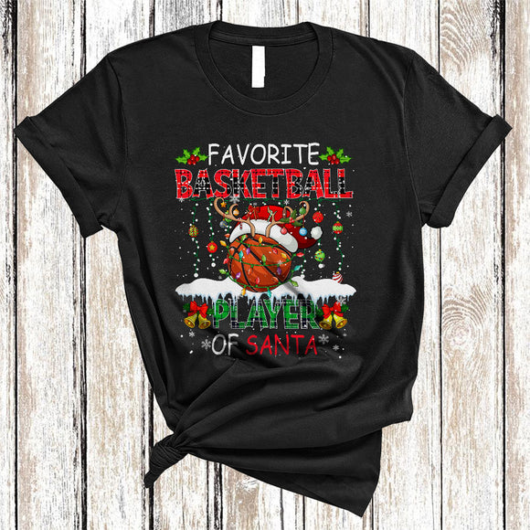 MacnyStore - Favorite Basketball Player Of Santa, Colorful Chrismas Lights Sport, Plaid X-mas Matching Group T-Shirt
