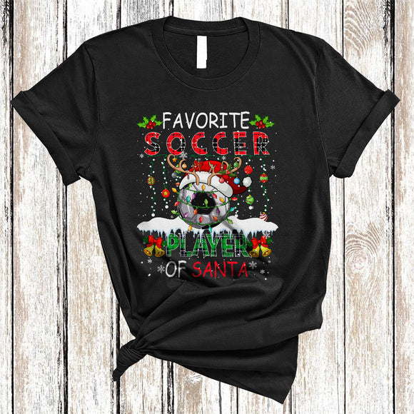 MacnyStore - Favorite Soccer Player Of Santa, Colorful Chrismas Lights Sport, Plaid X-mas Matching Group T-Shirt