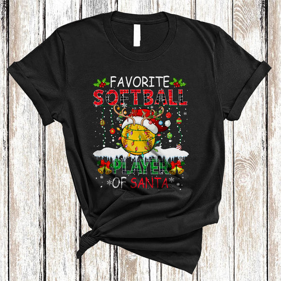 MacnyStore - Favorite Softball Player Of Santa, Colorful Chrismas Lights Sport, Plaid X-mas Matching Group T-Shirt