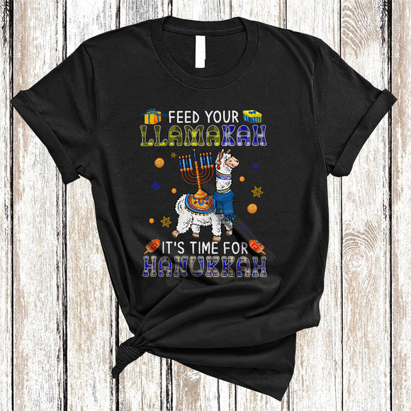 MacnyStore - Feed Your Llamakah It's Time For Hanukkah, Awesome Plaid Menorah Llama, Chanukah Family T-Shirt