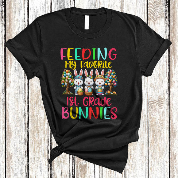 MacnyStore - Feeding My Favorite 1st Grade Bunnies, Lovely Easter Eggs Tree Three Bunnies, Lunch Lady Group T-Shirt