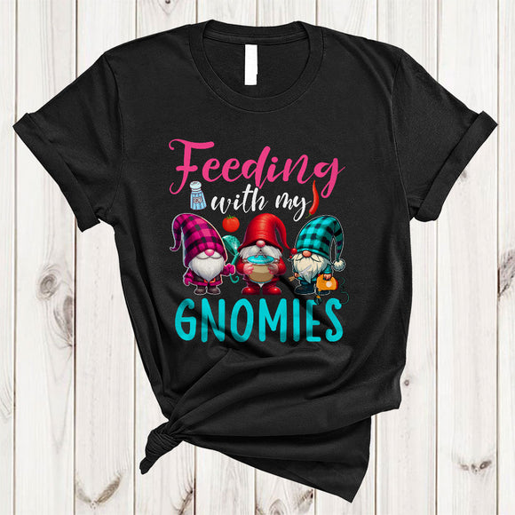 MacnyStore - Feeding With My Gnomies, Adorable Plaid Three Gnomes, Matching Chef Lunch Lady Group T-Shirt