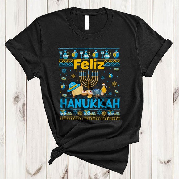 MacnyStore - Feliz Hanukkah, Cool Joyful Chanukah Sweater Menorah, Proud Jewish Lights Dreidel T-Shirt