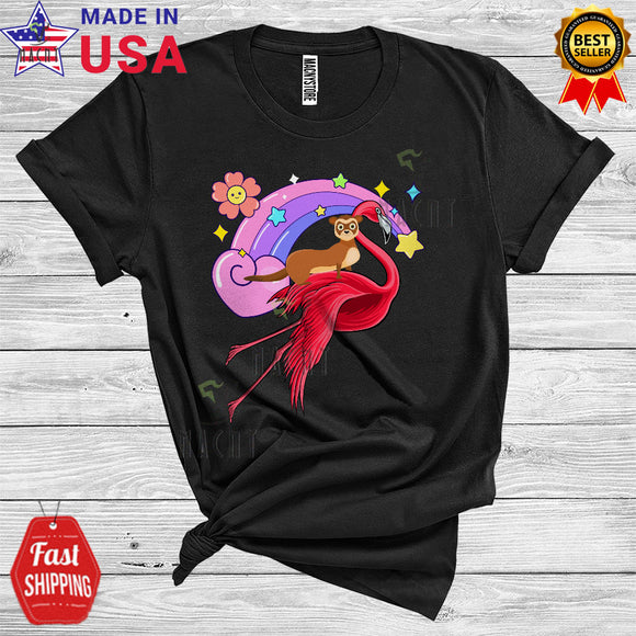 MacnyStore - Ferret Riding Flamingo Funny Matching Rainbow Zoo Keeper Wild Animal Lover T-Shirt