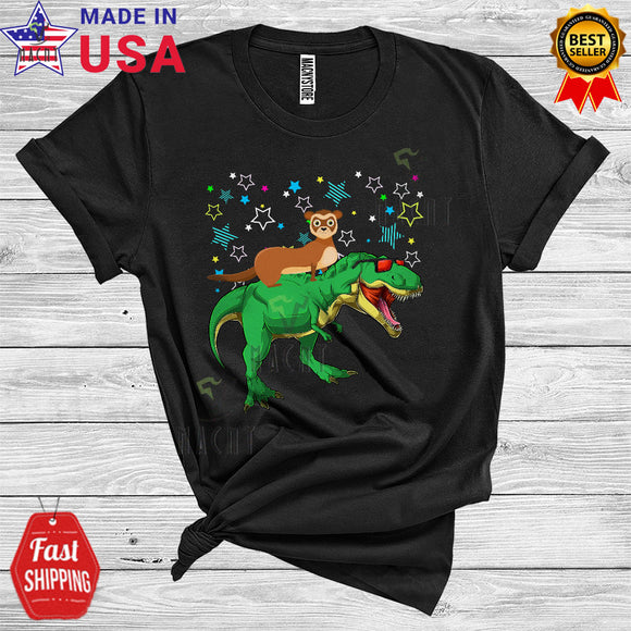 MacnyStore - Ferret Riding T-Rex Funny Matching Rainbow T-Rex Dinosaur Wild Animal Lover T-Shirt