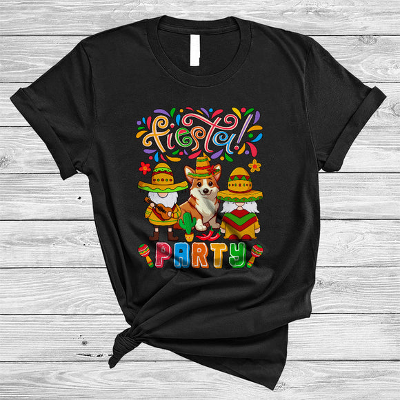 MacnyStore - Fiesta Party, Joyful Cinco De Mayo Mexican Corgi With Gnome, Sombrero Family Group T-Shirt