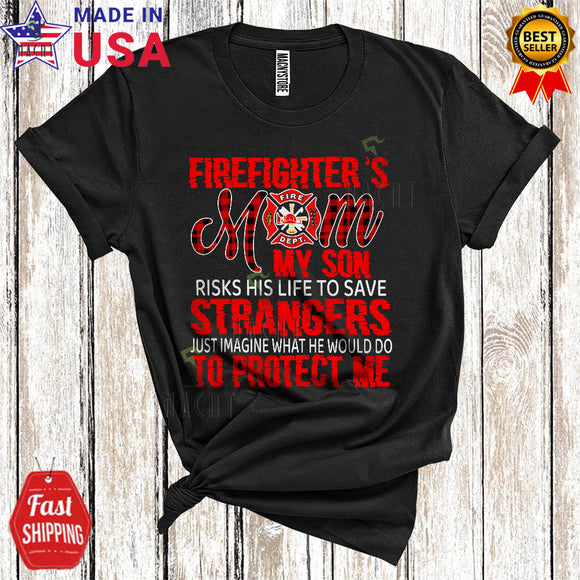 MacnyStore - Firefighter's Mom My Son Risks His Life To Save Stranger Cool Funny Mother's Day Red Plaid Firefighter T-Shirt
