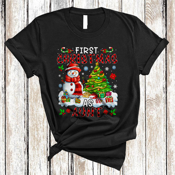 MacnyStore - First Christmas As Aunt, Adorable X-mas Plaid Snowman, Matching Family Pajamas Group T-Shirt