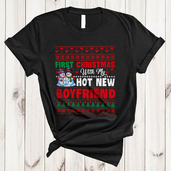 MacnyStore - First Christmas With My Hot New Boyfriend, Amazing Christmas Sweater Snowman, X-mas Couple Family T-Shirt