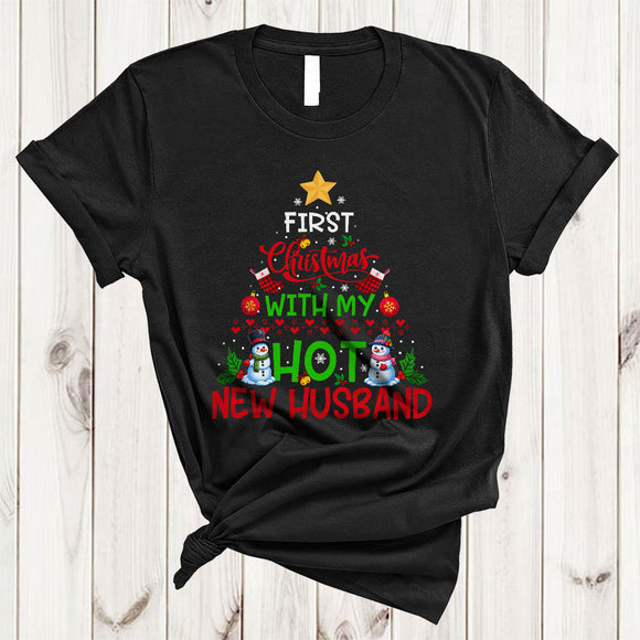 MacnyStore - First Christmas With My Hot New Husband, Amazing Christmas Tree Snowman, Matching Couple Family T-Shirt