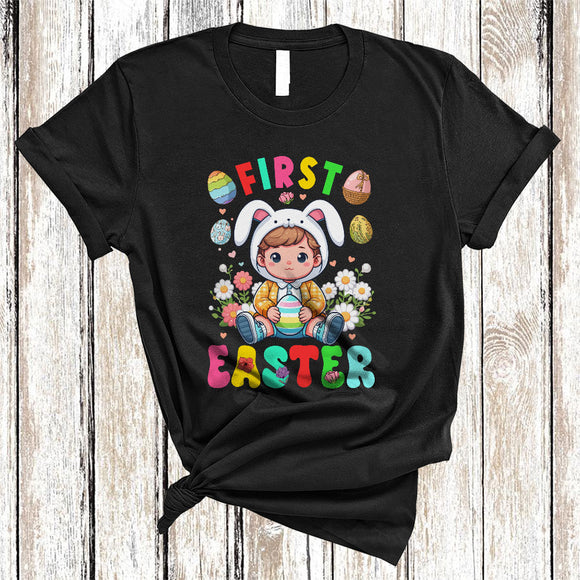 MacnyStore - First Easter, Lovely 1st Birthday Easter Day Bunny Boy, Egg Hunt Flowers Family Group T-Shirt