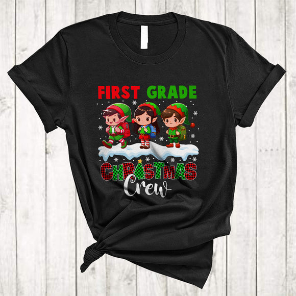 MacnyStore - First Grade Christmas Crew, Joyful Three ELF Students, Matching X-mas Plaid Teacher Group T-Shirt