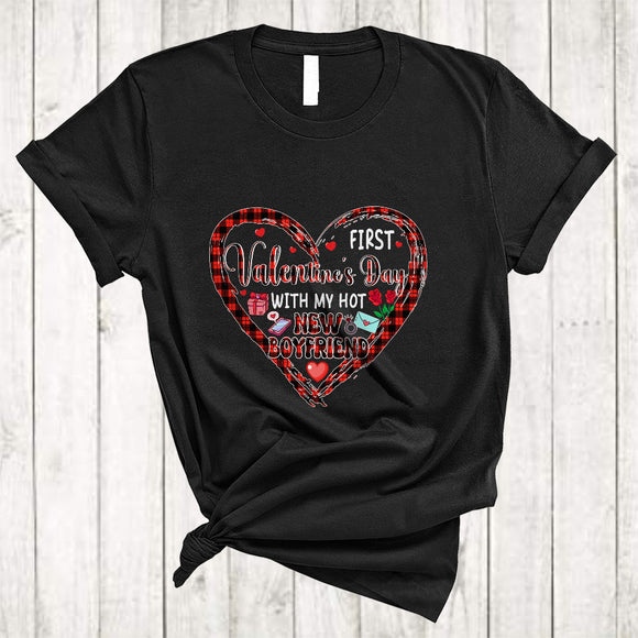 MacnyStore - First Valentine With My Hot New Boyfriend, Amazing Valentine's Day Plaid Heart Shape, Couple Family T-Shirt