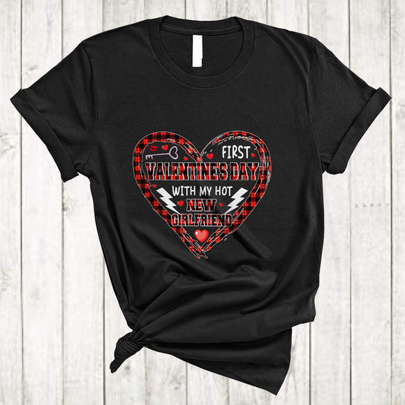 MacnyStore - First Valentine With My Hot New Girlfriend, Amazing Valentine's Day Plaid Heart Shape, Couple Family T-Shirt