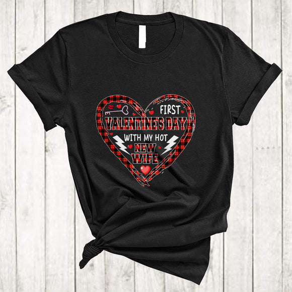 MacnyStore - First Valentine With My Hot New Wife, Amazing Valentine's Day Plaid Heart Shape, Couple Family T-Shirt