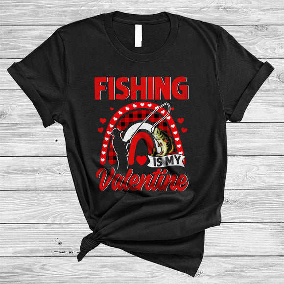 MacnyStore - Fishing Is My Valentine, Awesome Valentine's Day Fishing Lover, Hearts Plaid Rainbow T-Shirt