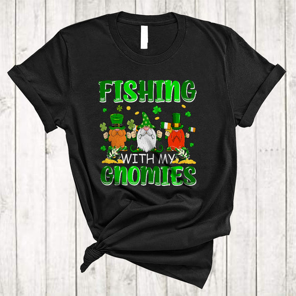 MacnyStore - Fishing With My Gnomies, Awesome St. Patrick's Day Three Gnomes Fisher, Shamrock Group T-Shirt