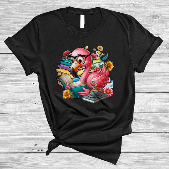 MacnyStore - Flamingo Drinking Coffee And Reading Book, Cute Teacher Librarian, Flowers Floral Book Nerd T-Shirt