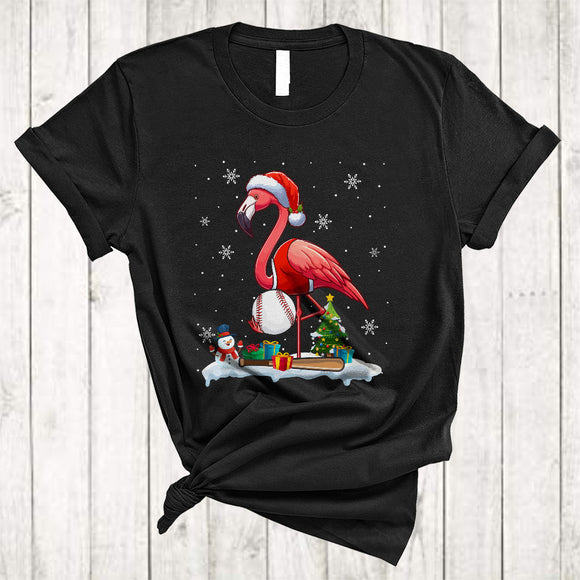 MacnyStore - Flamingo Playing Baseball, Lovely Merry Christmas Santa Flamingo Baseball Player, X-mas Sport T-Shirt