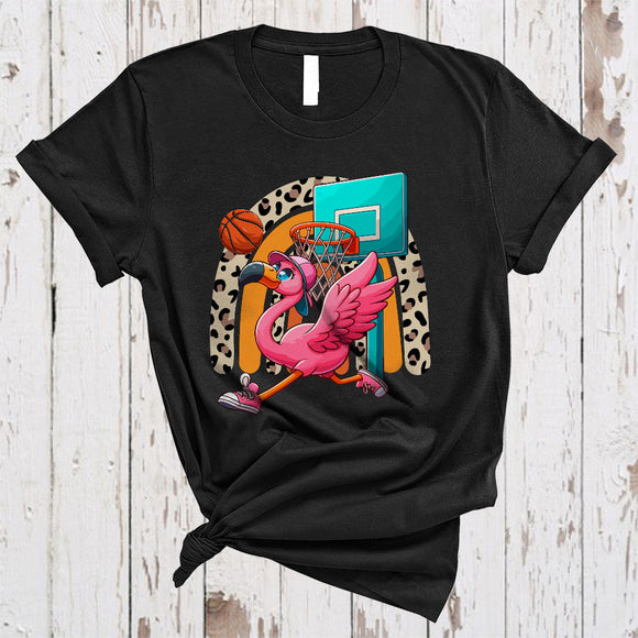 MacnyStore - Flamingo Playing Basketball, Humorous Basketball Player Leopard Rainbow, Matching Sport Team T-Shirt