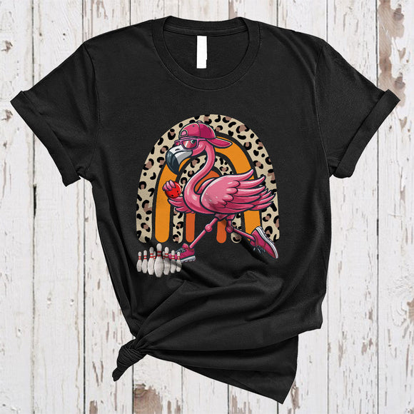 MacnyStore - Flamingo Playing Bowling, Humorous Bowling Player Leopard Rainbow, Matching Sport Team T-Shirt