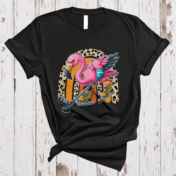 MacnyStore - Flamingo Playing Ice Hockey, Humorous Ice Hockey Player Leopard Rainbow, Matching Sport Team T-Shirt