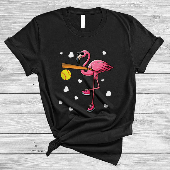 MacnyStore - Flamingo Playing Softball, Adorable Flamingo Sunglasses Lover, Girls Women Sport Player T-Shirt