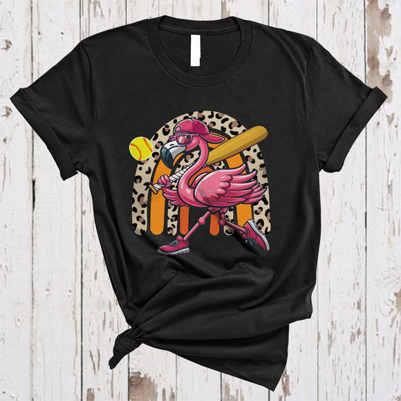 MacnyStore - Flamingo Playing Softball,, Humorous Softball Player Leopard Rainbow, Matching Sport Team T-Shirt