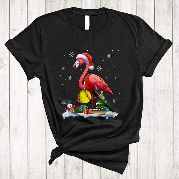 MacnyStore - Flamingo Playing Softball, Lovely Merry Christmas Santa Flamingo Softball Player, X-mas Sport T-Shirt