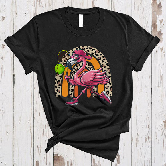 MacnyStore - Flamingo Playing Tennis, Humorous Tennis Player Leopard Rainbow, Matching Sport Team T-Shirt