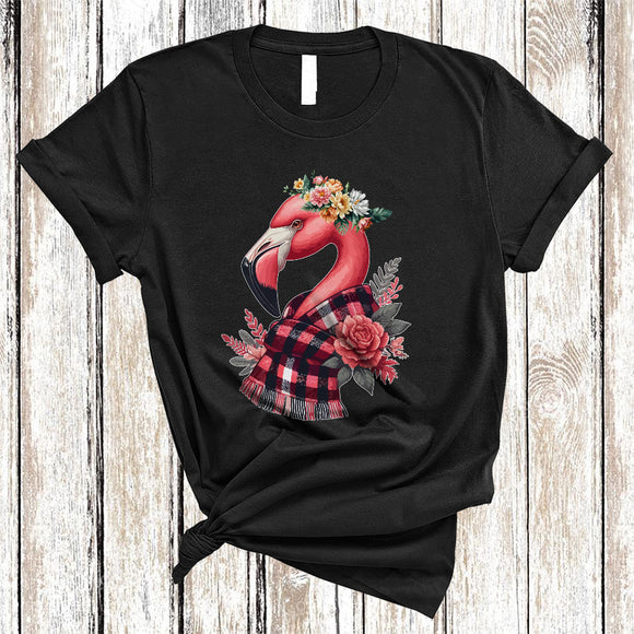 MacnyStore - Flamingo Wearing Buffalo Red Plaid Scarf, Lovely Flamingo Wild Animal Lover, Floral Flowers T-Shirt