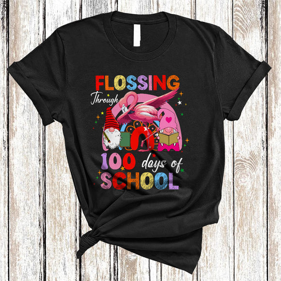 MacnyStore - Flossing Through 100 Days of School, Adorable Dabbing Flamingo, Gnomes Rainbow Students Teacher T-Shirt