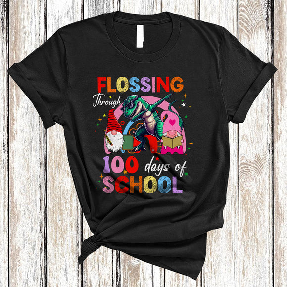 MacnyStore - Flossing Through 100 Days of School, Adorable Dabbing T-Rex, Gnomes Rainbow Students Teacher T-Shirt