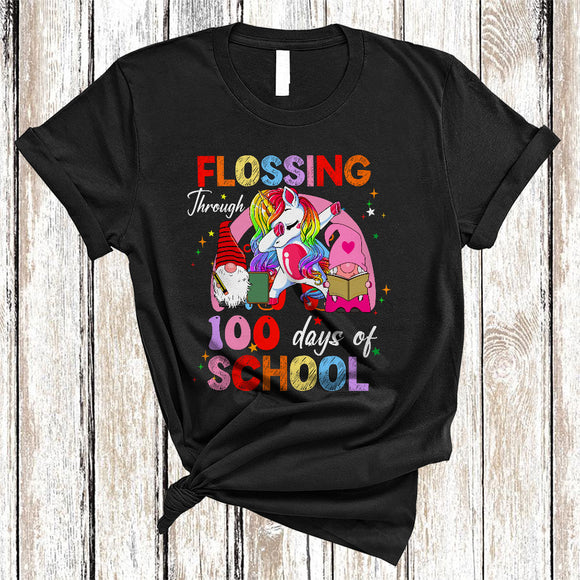 MacnyStore - Flossing Through 100 Days of School, Adorable Dabbing Unicorn, Gnomes Rainbow Students Teacher T-Shirt