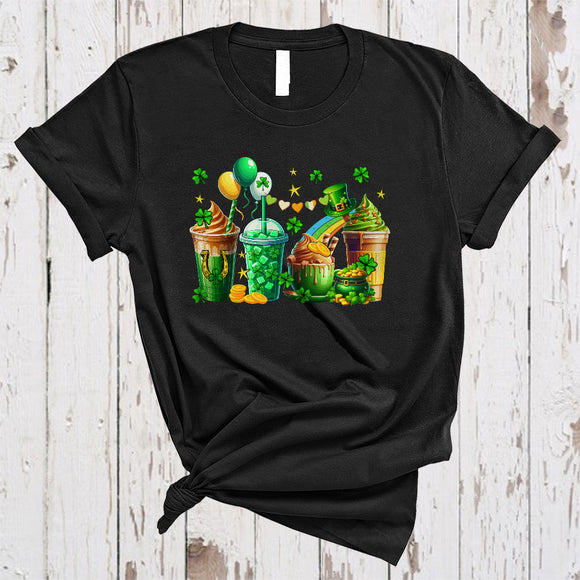 MacnyStore - Four Coffee Cups, Awesome St. Patrick's Day Leprechaun Coffee Lover, Shamrock Family Group T-Shirt