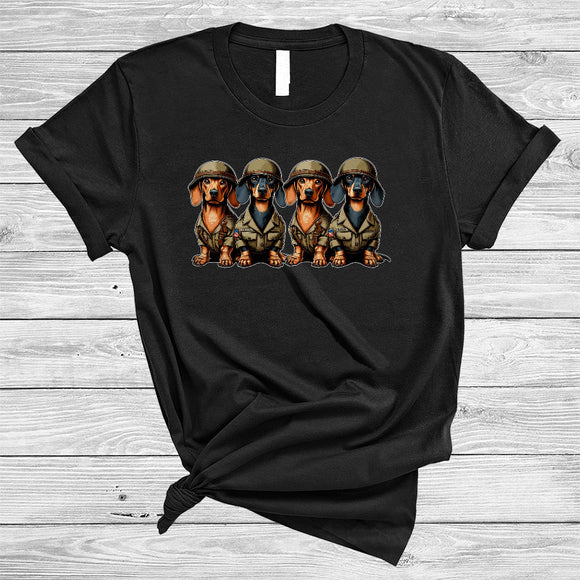 MacnyStore - Four Dachshund Veteran, Lovely US Soldier Veteran Proud, Patriotic Matching Family Group T-Shirt