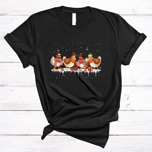 MacnyStore - Four Santa Reindeer ELF Chicken, Cheerful Christmas Chicken Lover, Snow Around X-mas Farmer T-Shirt