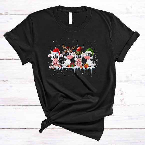 MacnyStore - Four Santa Reindeer ELF Cow, Cheerful Christmas Cow Lover, Snow Around X-mas Farmer T-Shirt