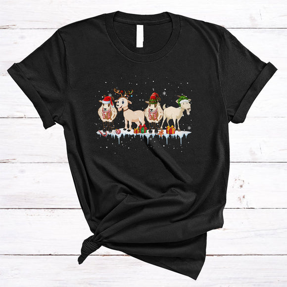 MacnyStore - Four Santa Reindeer ELF Goat, Cheerful Christmas Goat Lover, Snow Around X-mas Farmer T-Shirt
