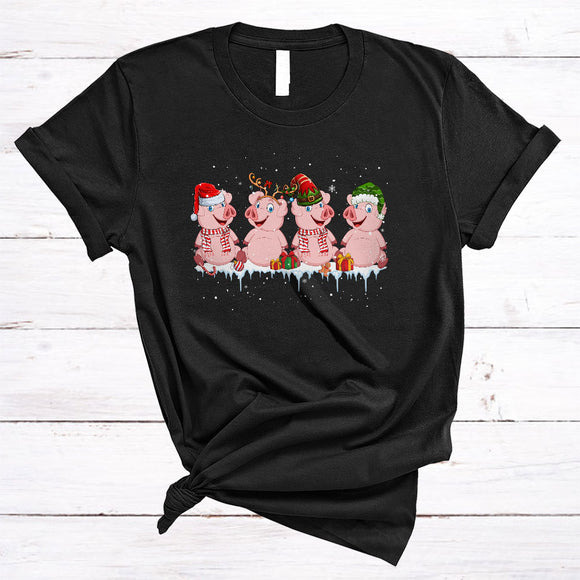 MacnyStore - Four Santa Reindeer ELF Pig, Cheerful Christmas Pig Lover, Snow Around X-mas Farmer T-Shirt