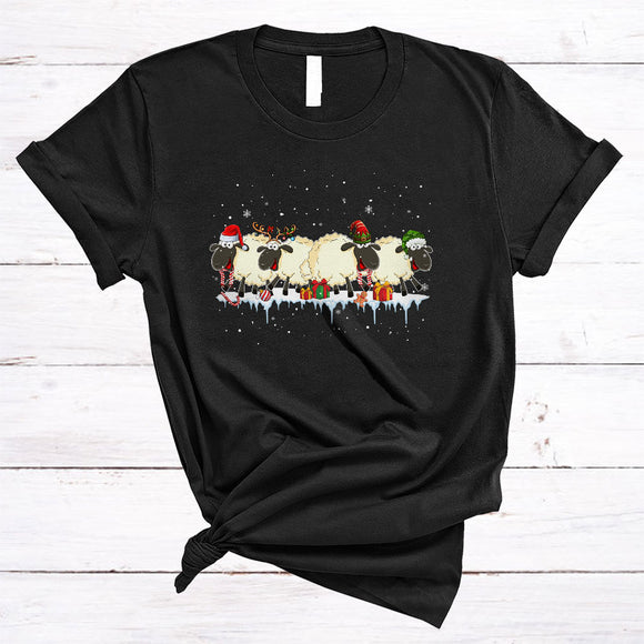MacnyStore - Four Santa Reindeer ELF Sheep, Cheerful Christmas Sheep Lover, Snow Around X-mas Farmer T-Shirt