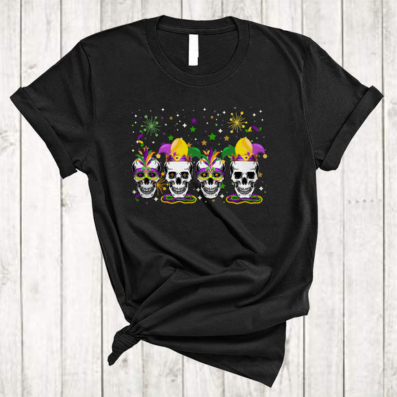 MacnyStore - Four Skull Wearing Mardi Gras Mask Jester Hat, Amazing Mardi Gras Beads Skull, Parade Group T-Shirt