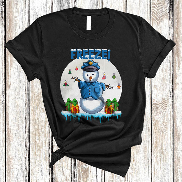 MacnyStore - Freeze, Awesome Merry Christmas Cap Snowman Snow Around, Matching X-mas Police Group T-Shirt